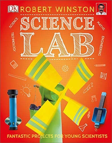 "Book cover with orange gradient background, science-themed illustrations, and title 'Science Lab' in white."