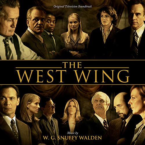 "CD cover for The West Wing soundtrack, featuring cast members in formal attire."