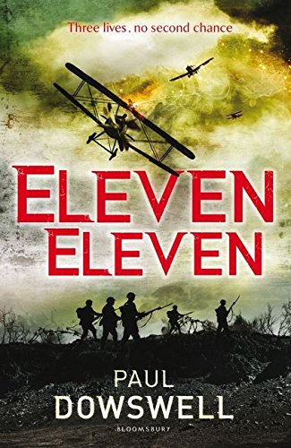 Book cover with red title "ELEVEN ELEVEN" and silhouetted soldiers and biplanes in a war scene.