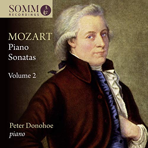 Mozart's portrait on a CD cover with text describing the music album.