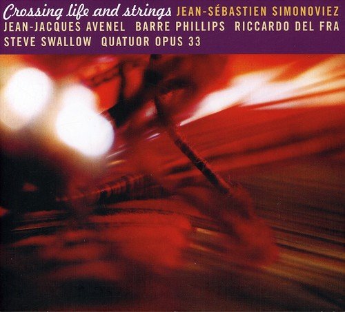 "Album cover with blurry violin image, red background, and white and yellow text."