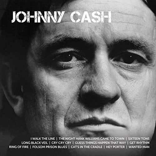 "Black and white close-up of Johnny Cash's face with song titles below."