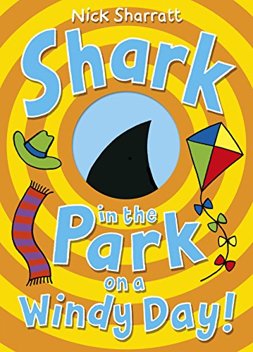 "Children's book cover with a shark fin, kite, and hat on a swirling yellow background."