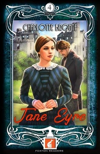 "Book cover with Jane Eyre and Mr. Rochester, ornate border, dark blue background."