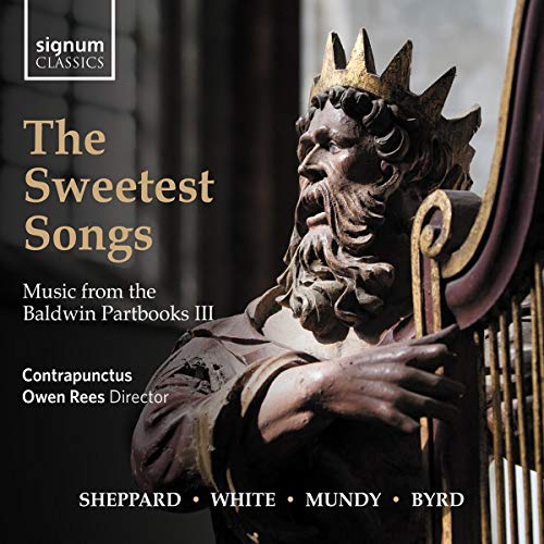 A CD cover featuring a statue of King David playing a harp, with text overlay.
