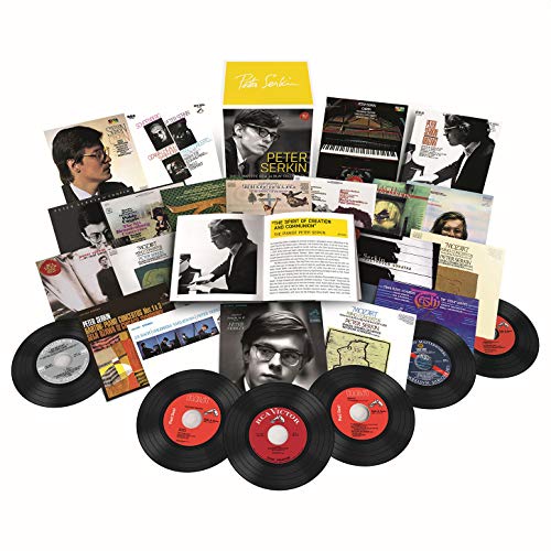 Image shows a collection of vinyl records and album covers featuring pianist Peter Serkin.