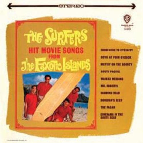 "Vintage album cover featuring four men in red wetsuits with a surfboard on a beach."
