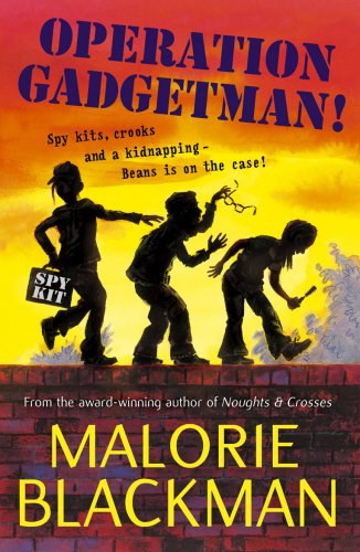 "Book cover with three silhouetted children and 'SPY KIT' bag against a brick wall background."