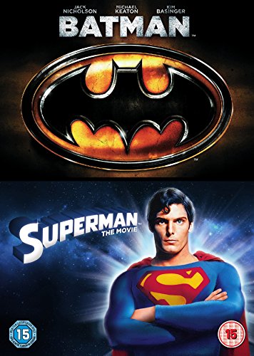 DVD cover featuring Batman logo above Superman standing with arms crossed, blue suit.