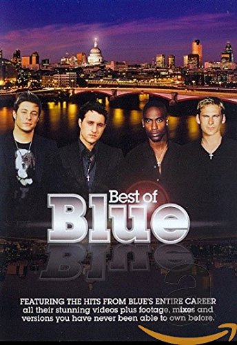 "Four men in dark attire stand before a cityscape at dusk, 'Best of Blue' DVD cover."
