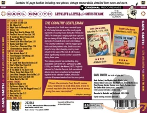 The image is a CD case back cover for Carl Smith's album. #### Alt Text: "CD case back cover with maroon and yellow design, featuring Carl Smith's album details."