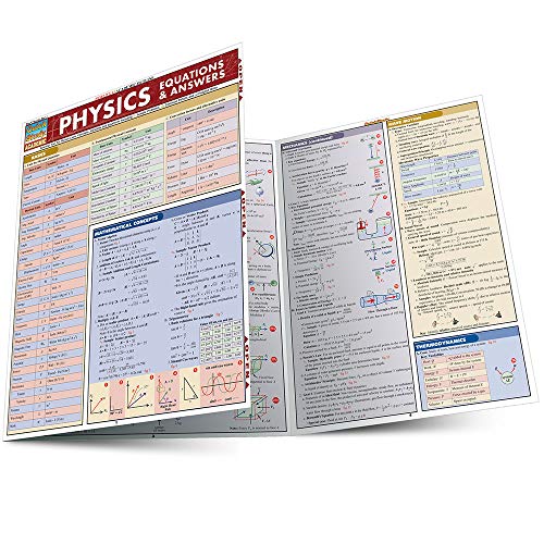 An open, folded chart displaying physics equations and answers on a white background.