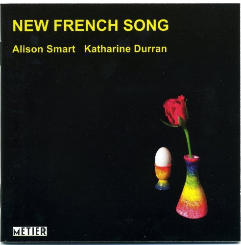 "CD cover with black background, rainbow vase, and egg holder, featuring yellow text."