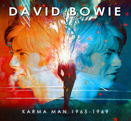 David Bowie album cover with two-toned portrait and abstract background.