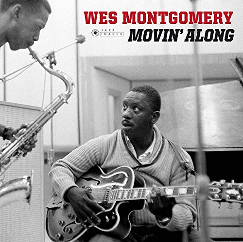 "Wes Montgomery album cover featuring a black-and-white photo of him playing guitar in a studio."