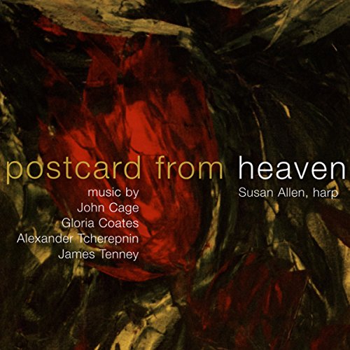 "CD cover with abstract red and black background, 'postcard from heaven' text."