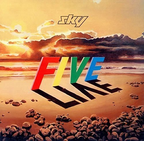 "Album cover with 'Sky' and 'Five Live' text on a beach scene."