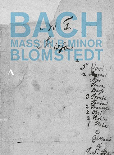 "Bach Mass in B Minor DVD cover with light blue title on a gray textured background."