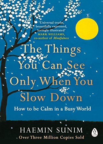 "Book cover with blue background, tree, and yellow moon, titled 'The Things You Can See Only When You Slow Down'."