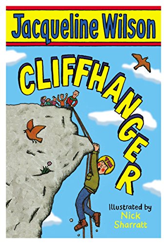 The image depicts a cartoon boy climbing a cliff. Alt text: Cartoon boy in yellow helmet climbing cliff with people watching.