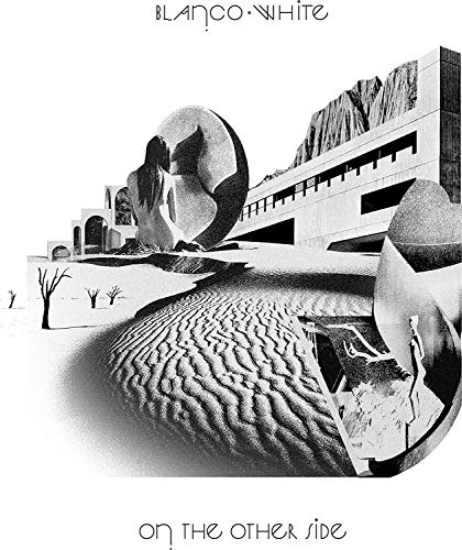 "Album cover art: surreal black and white landscape with abstract shapes and buildings."