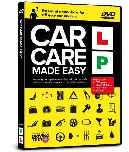"Yellow and black DVD case with 'Car Care Made Easy' title and car maintenance icons."