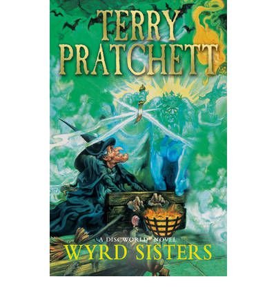"Book cover of 'Wyrd Sisters' by Terry Pratchett, featuring a witch and ghostly figure."
