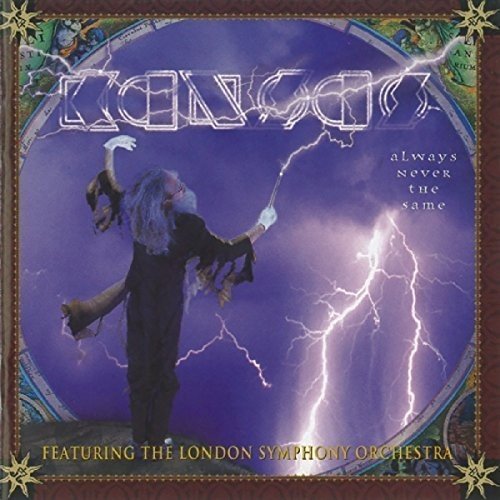 "Kansas album cover featuring a man surrounded by lightning, with dark blue background."