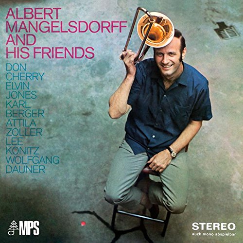 Album cover with man holding trombone, names listed in pink and blue text.