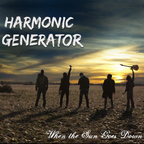 "CD cover with five silhouetted men standing in a field at sunset."