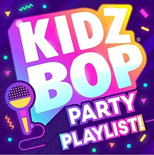 "KIDZ BOP Party Playlist" CD cover featuring a microphone and colorful text on a purple background.