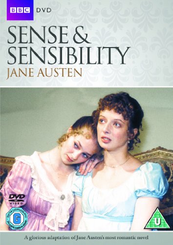 "Sense and Sensibility" DVD cover featuring two women in period dress embracing.