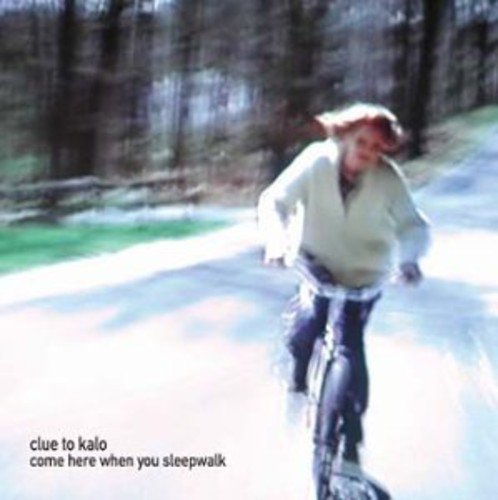 Blurry image of a person riding a bicycle on a road, album cover.