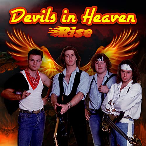 "CD cover art featuring four men and large, fiery angel wings."