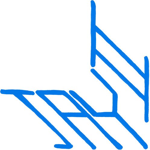 The image depicts a simple, blue, hand-drawn design on a white background. The design is composed of several connected lines that form a stylized shape, resembling a bird or an abstract figure. The lines are thick and bold, with a rough, handwritten quality to them. The overall effect is one of simplicity and elegance, with the blue lines standing out against the clean white background. * The image features a simple, blue, hand-drawn design on a white background. *