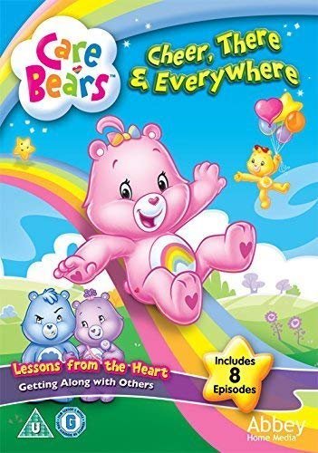 "Pink bear on a rainbow, with other bears, on a children's DVD cover."