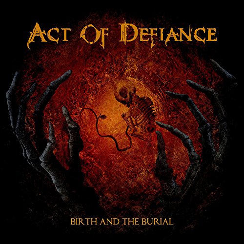 Album cover with skeleton fetus surrounded by hands, red and black background, orange text.
