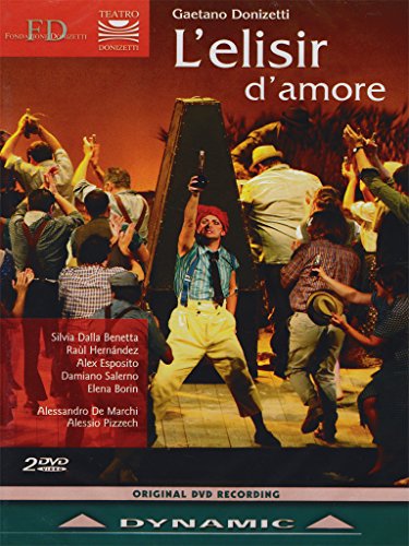 DVD cover for "L'elisir d'amore" featuring a man holding a bottle amidst a crowd.