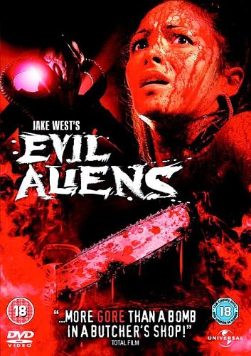 DVD cover for "Evil Aliens" with a bloody man and alien creature.