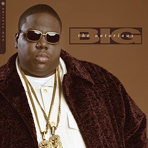 Notorious B.I.G. album cover with portrait, sunglasses, and gold jewelry.