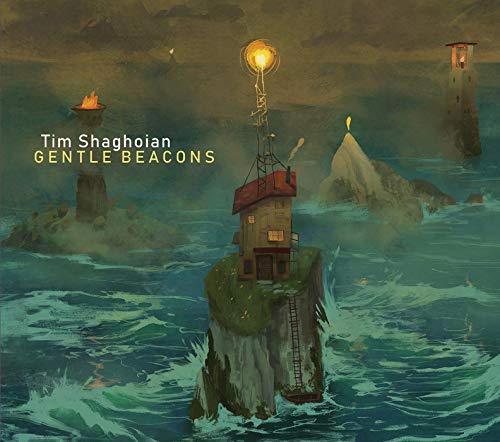 "Album cover art featuring a fantastical house on a rock with glowing beacons."