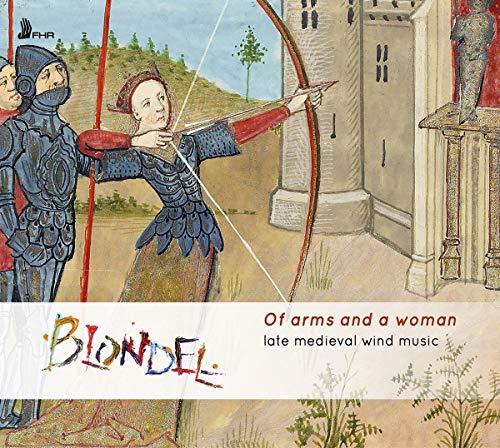 Medieval-style illustration of a woman aiming a bow, assisted by an armored man.