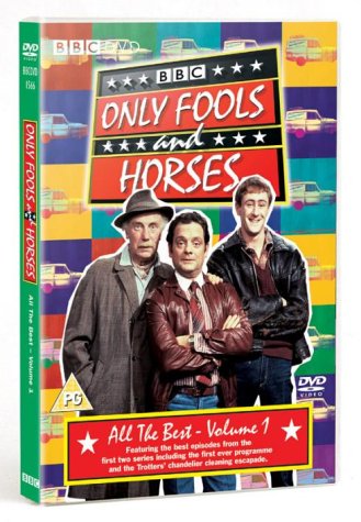 "Only Fools and Horses DVD case with three main characters on a multicolored background."