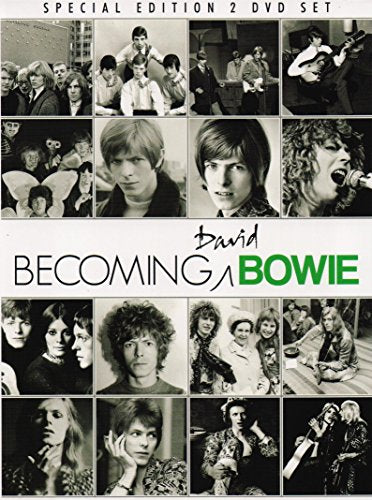 "David Bowie DVD cover with black and white photos and title 'Becoming Bowie'."