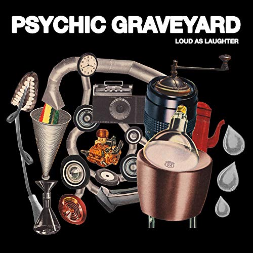 "Album cover with surreal collage of objects, including a coffee grinder and pot, on black."