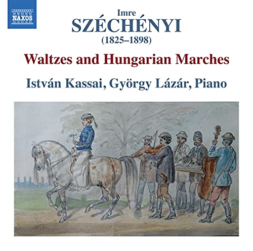 "CD cover with illustration of man on horse with marching band, white background."