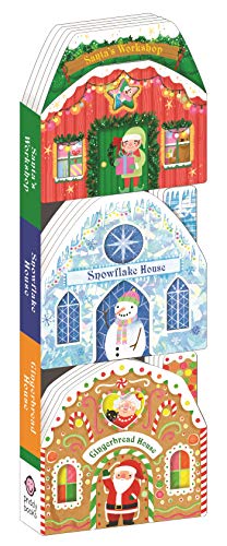 "Stack of three colorful children's books with festive holiday house illustrations."
