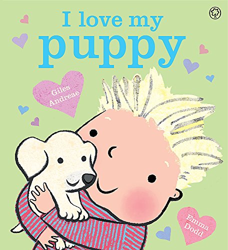 Children's book cover: smiling child hugging a puppy, surrounded by hearts, on a green background.