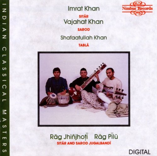 "CD cover with three men holding Indian instruments, white background, and green and red text."
