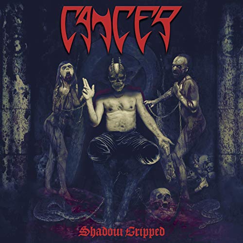 "Album cover art featuring a man surrounded by dark, eerie figures and snakes."